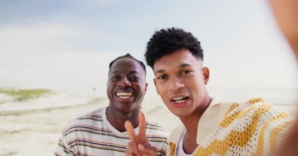 Feliz Amigos Cara Playa Para Videollamadas Señal Paz Viajes Fin — Vídeos de Stock