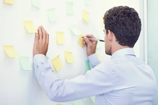 Businessman, writing and sticky notes in office for planning, brainstorming and project strategy with rear view. Entrepreneur, employee and ideas for agenda, schedule and proposal information at work.