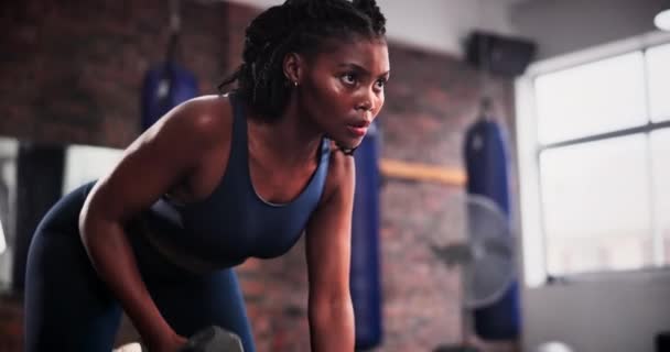 黑人妇女 哑铃和举重运动 力量或手臂锻炼在健身房 在健身 肌肉锻炼或健身俱乐部训练方面认真的非洲人 运动员或健美者 — 图库视频影像