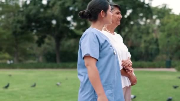 Υποστήριξη Φύση Και Νοσοκόμα Περπάτημα Μια Ηλικιωμένη Γυναίκα Έναν Κήπο — Αρχείο Βίντεο