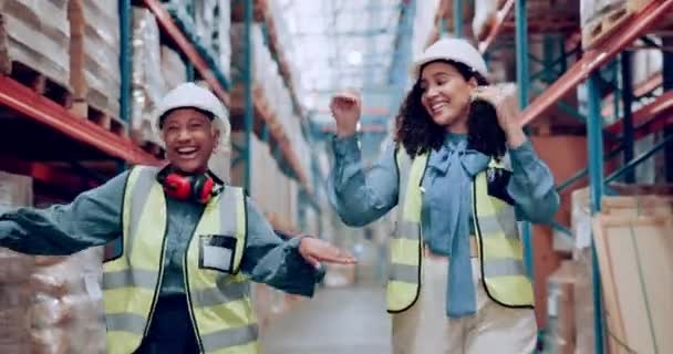 Frauen Lagerarbeiter Und Arbeiter Tanzen Lagerfabriken Zur Warenverteilung Inspektion Oder — Stockvideo