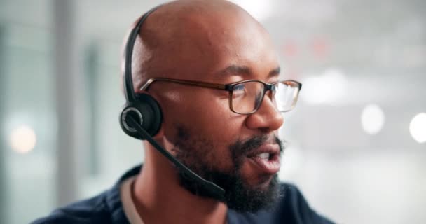 Atendimento Cliente Telemarketing Call Center Com Homem Negro Comunicação Conexão — Vídeo de Stock