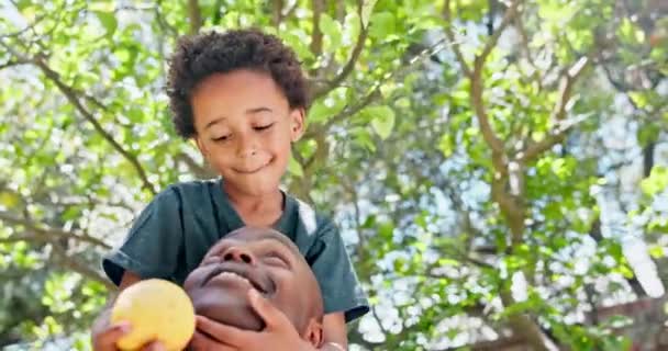 太陽や夏に笑うために庭で幸せな父 果実の木 持続可能な生活 有機および成長のためのレモンの収穫が付いている黒い家族 親および少年または子供 — ストック動画