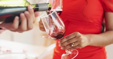Çift, evlilik yıldönümlerinde aşk, romantizm ve sevgililer günü kutlamaları için bir şişe kırmızı şarap. Kadeh kaldırmak, başarı ve lüks için kadehler, içkiler ve alkolle buluşan insanlar veya sevgililer.