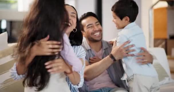Running Mother Father Children Hug Home Care Safety Bonding Together — Stock Video