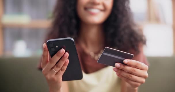 Hands Phone Credit Card Online Shopping Woman Closeup Sofa Living — Stock Video