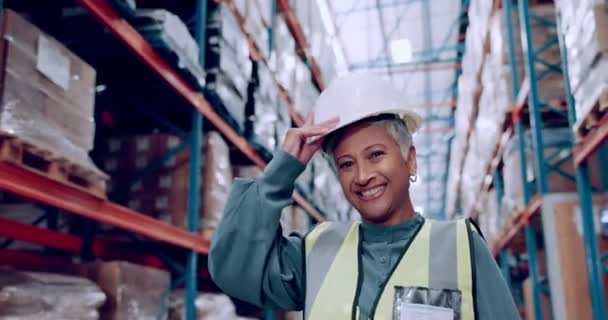 Mujer Mayor Casco Almacén Para Logística Empresa Naviera Jefe Orgullo — Vídeos de Stock