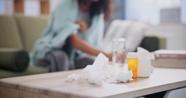 Pills Tissue Woman Sofa Water Hay Fever Allergy Virus Living — Stock Video