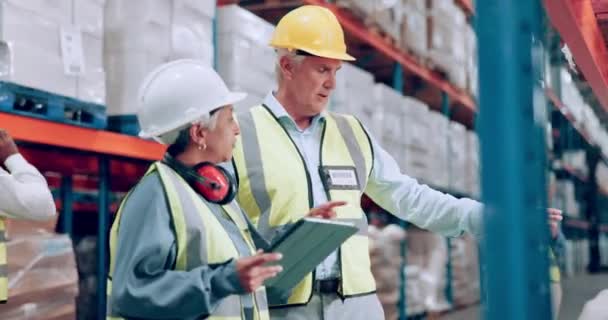 倉庫内の物流における人々 タブレット サプライチェーンは 倉庫の保管 在庫管理を行っています 品質管理または工場での生産のための技術を持つ男女または請負業者 — ストック動画