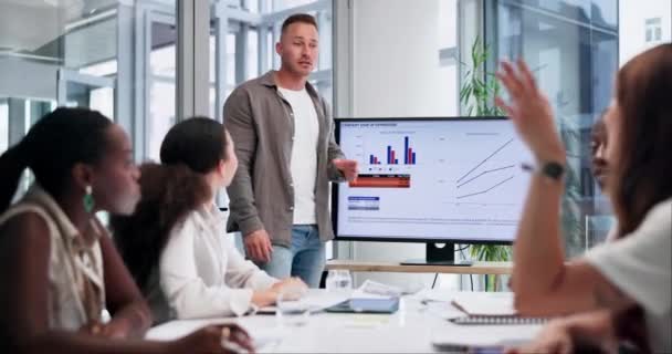 Businessman Question Screen Charts Presentation Data Analysis Hand Growth Graphs — Stock Video