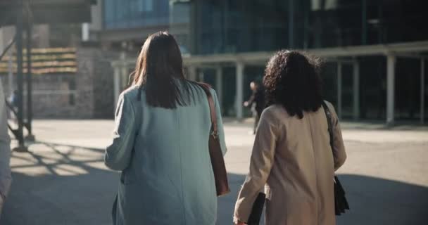 Wandelen Vrouwen Zakenmensen Stad Discussie Gesprek Praten Ochtend Pendelen Bedrijfskantoor — Stockvideo