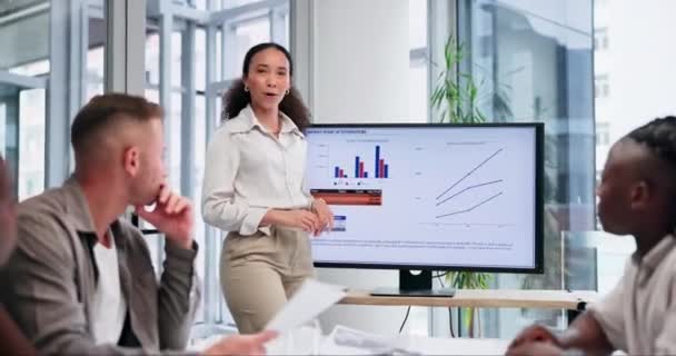 Businesswoman Question Screen Charts Presentation Data Analysis Hands Growth Graphs — Stock Video