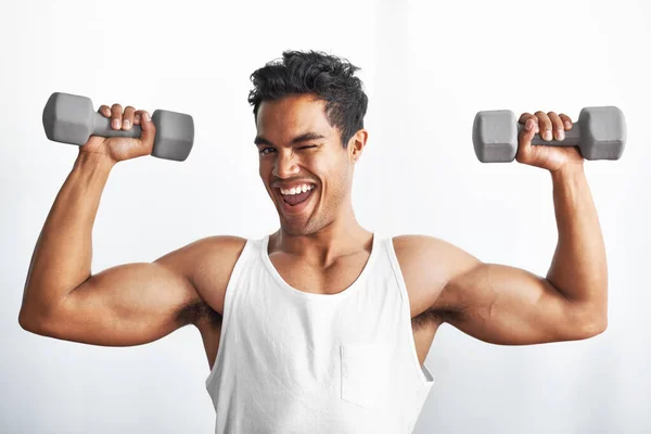 Fitness Portrait Happy Man Dumbbell Studio Gym Weightlifting Sports Strength — Stock Photo, Image