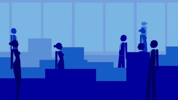 Люди Гуляющие Занятые Анимацией Офиса Силуэтом Толпы Синем Фоне Деловая — стоковое видео