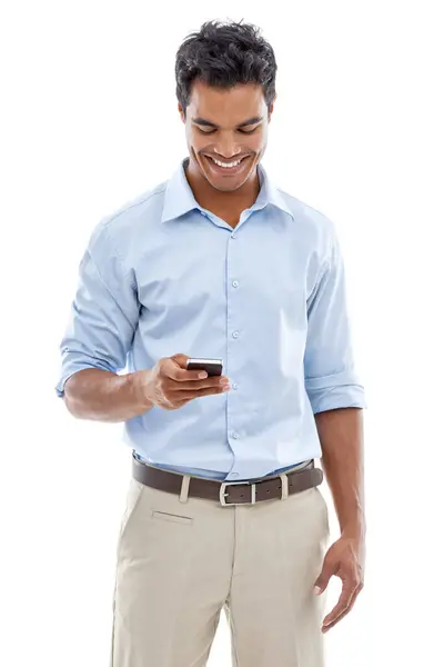 Business Man Reading Mobile Studio Communication Happy Networking Chat Young — Stock Photo, Image