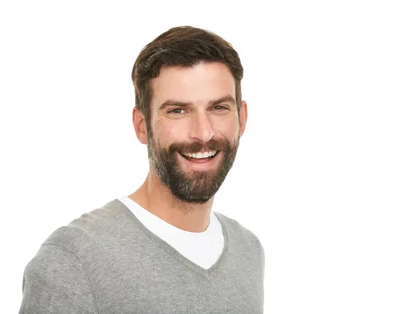 Portret Glimlach Mode Met Man Geluk Zelfverzekerde Man Geïsoleerd Een — Stockfoto