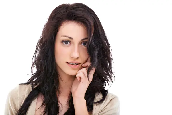 Cara Belleza Mujer Con Pelo Estudio Bienestar Resplandor Con Peinado —  Fotos de Stock