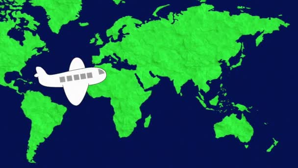 アニメーション 飛行機は 海外旅行のための世界の地図に飛んでいます 海外への旅行のための飛行中の漫画の飛行機が付いているグラフィック 地球またはアトラス — ストック動画
