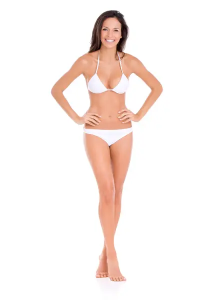 Bikini Moda Seksowny Portret Kobiety Studiu Białe Tło Makieta Dumą — Zdjęcie stockowe