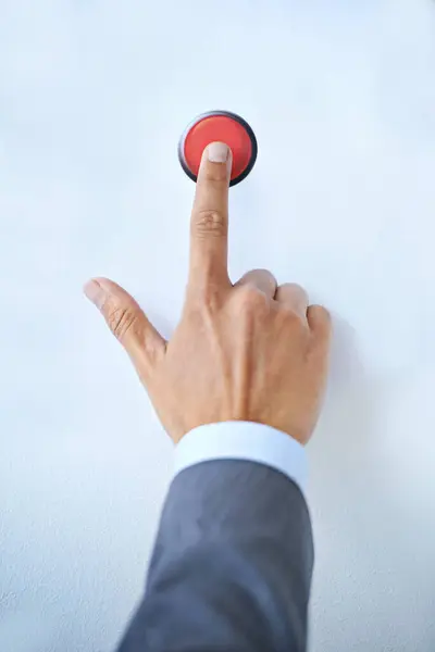 Businessman Hands Red Button War Nuclear Launch Initiation Blue Studio — Stock Photo, Image
