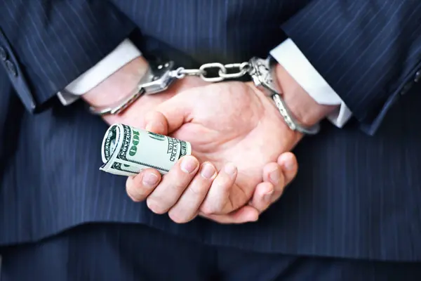 Business Person Hands Money Handcuffs Bribe Secret Corruption Financial Crime — Stock Photo, Image