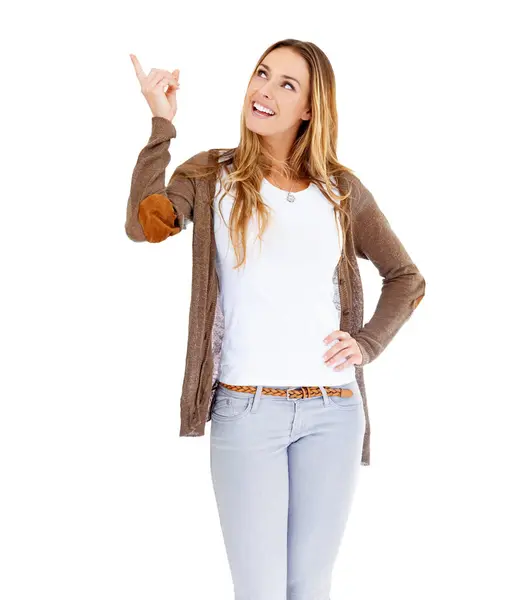 Kobieta Wskazując Palcem Ogłoszenie Studio Lub Rekomendacji Zniżki Lub Możliwość — Zdjęcie stockowe