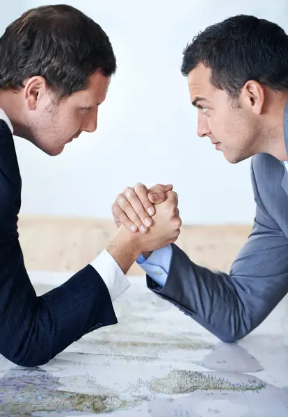 Businessman Handshake Arm Wrestle Competition Challenge Strength Table Office Serious — Stock Photo, Image