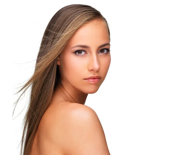 Mulher Retrato Brisa Para Cabelo Estúdio Atitude Queratina Tratamento Shampoo — Fotografia de Stock