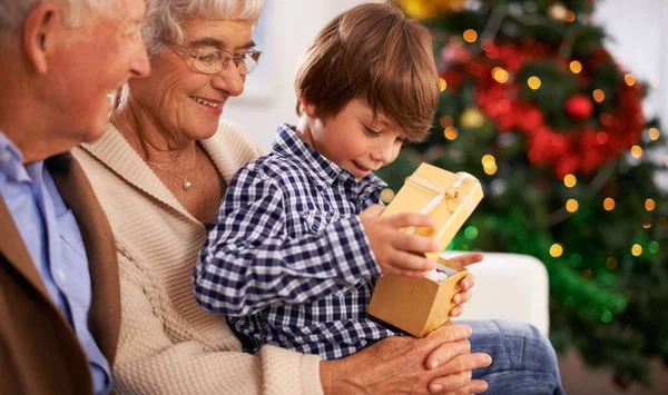 Mensen Grootouders Familie Met Kerstcadeau Voor Feestdagen Samen Voor Viering — Stockfoto