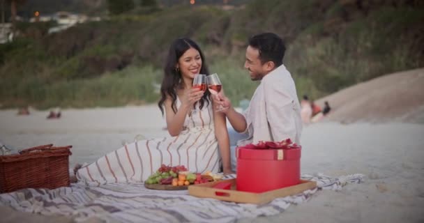 Mutlu Çift Plaj Piknik Için Şarap Kadehiyle Kadeh Kaldırma Şampanya — Stok video