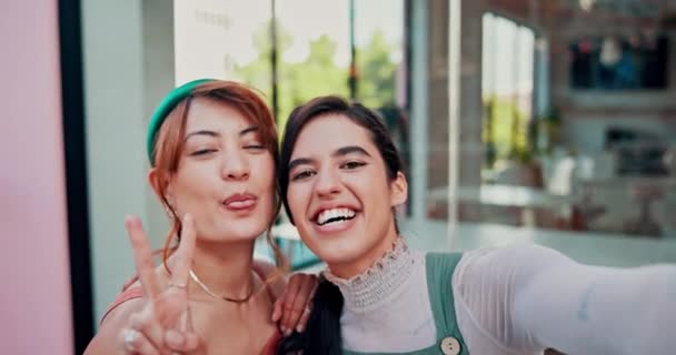 Café Selfie Mujeres Lesbianas Felices Con Signo Paz Mesa Amor — Vídeo de stock