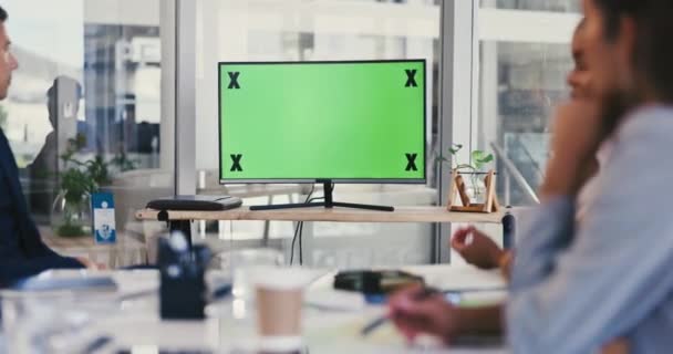 Geschäftsleute Monitor Und Green Screen Für Virtuelle Meetings Seminare Oder — Stockvideo
