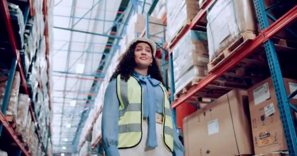 物流和库存检查在仓库中的质量 贸易和分销 低角度运输 进口或出口库存的工厂中的女工头 硬帽和货物 — 图库视频影像