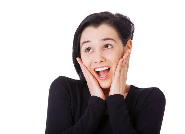 Szczęśliwy Zszokowany Zaskoczony Kobietą Ogłoszeniem Osobą Odizolowaną Białym Tle Studia — Zdjęcie stockowe