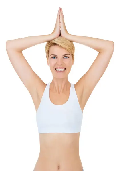 Vrouw Gebedshanden Portret Voor Yoga Meditatie Studio Met Mindfulness Glimlach — Stockfoto