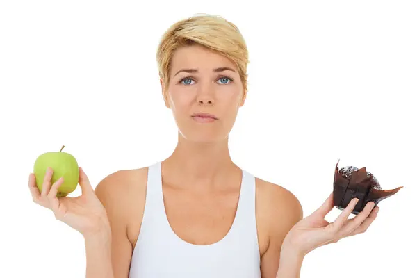 Mujer Fitness Salud Para Comida Duda Nutrición Decisión Por Estudio — Foto de Stock