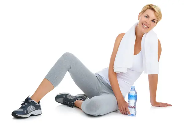 Vrouw Fitness Waterfles Portret Wellness Studio Fitness Workout Health Mockup — Stockfoto