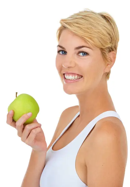 Woman Portrait Health Apple Studio Fitness Wellness Diet White Background — Stock Photo, Image