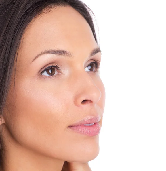 Mujer Pensamiento Belleza Con Primer Plano Rostro Cosméticos Para Cuidado —  Fotos de Stock