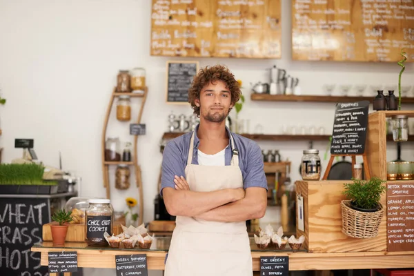 Portrait Welcome Man Confidence Cafe Service Happy Small Business Owner — Stock Photo, Image