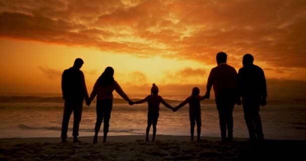 ビッグファミリー シルエットでビーチを歩き 海で愛 つながり 休日のために手を握ります 祖父母 子供と海とのつながり 絆を築く — ストック動画