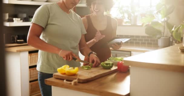 Woman Lesbian Couple Cutting Vegetables Tablet Kitchen Meal Snack Healthy — Stock Video