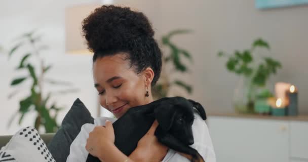 Kadın Evde Köpek Hayvan Sevgisine Sarıl Mutluluk Huzur Hayvan Bakımı — Stok video