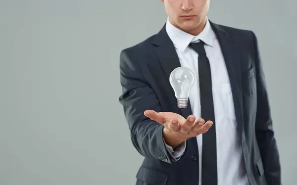 Geschäftsmann Glühbirne Und Ideen Für Unternehmen Unternehmer Mit Innovationen Und — Stockfoto