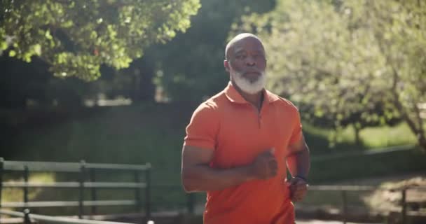 Starszy Fitness Bieganie Czarny Człowiek Smartwatch Parku Wellness Szkolenia Lub — Wideo stockowe