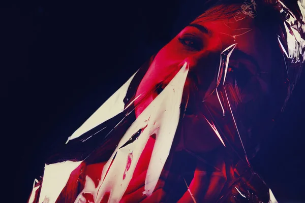 Scary Woman Bag Face Plastic Drama Studio Dark Background Afraid — Stock Photo, Image