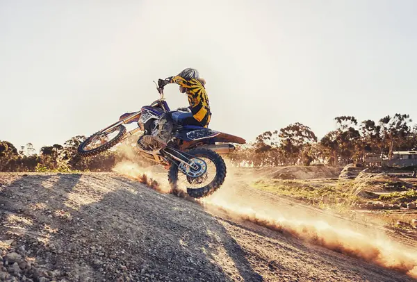 Polvere Gara Uomo Moto Cross Nel Deserto Con Avventura Adrenalina — Foto Stock