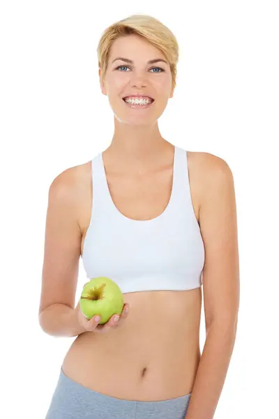 Woman Portrait Apple Studio Fitness Wellness Diet White Background Mockup — Stock Photo, Image