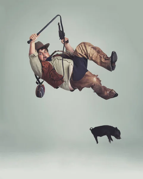 Cowboy Accident Man Catching Pig Texas Culture Studio Gray Background — Stock Photo, Image
