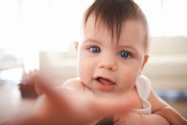 Happy Cute Closeup Portrait Baby Child Development Growth Living Room — Stock Photo, Image